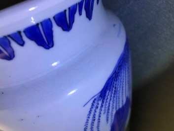 A fine Chinese blue and white sleeve vase with figural design all-round, Transitional period