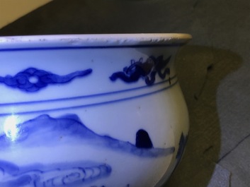 A Chinese blue and white censer with figures in a landscape, Kangxi