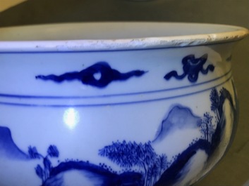 A Chinese blue and white censer with figures in a landscape, Kangxi