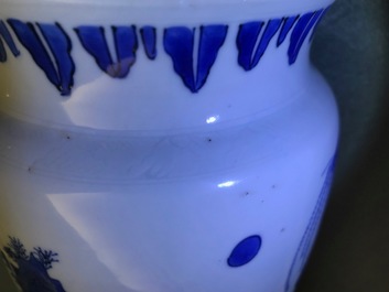 A fine Chinese blue and white sleeve vase with figural design all-round, Transitional period