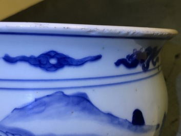 A Chinese blue and white censer with figures in a landscape, Kangxi