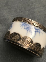 A Chinese silver-mounted blue and white tea caddy and cover, Kangxi