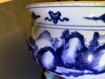 A Chinese blue and white censer with figures in a landscape, Kangxi