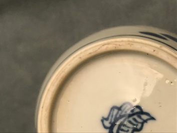 A Chinese silver-mounted blue and white tea caddy and cover, Kangxi