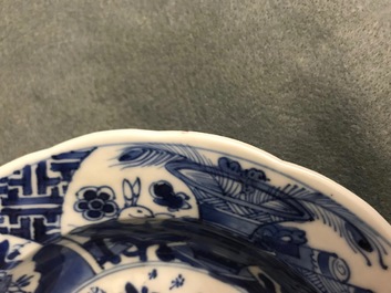 Six Chinese blue and white bowls on stands, Kangxi