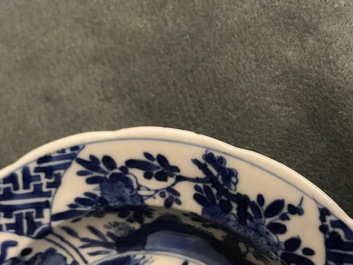 Six Chinese blue and white bowls on stands, Kangxi