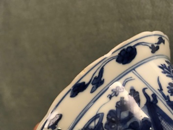 Six Chinese blue and white bowls on stands, Kangxi