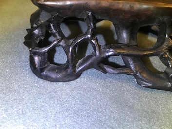 A Chinese famille rose ingot-shaped bowl on stand, Tongzhi mark and of the period