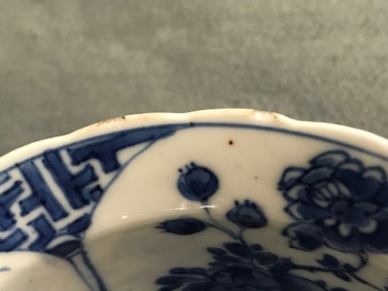 Six Chinese blue and white bowls on stands, Kangxi