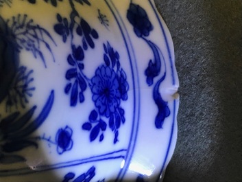 Six Chinese blue and white bowls on stands, Kangxi