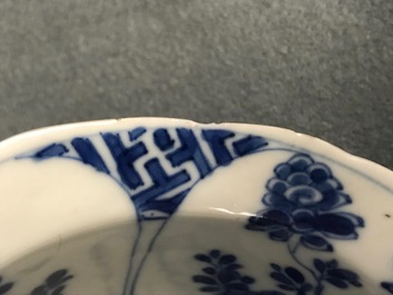 Six Chinese blue and white bowls on stands, Kangxi