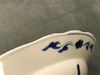 Six Chinese blue and white bowls on stands, Kangxi