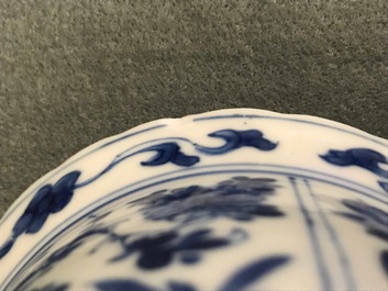 Six Chinese blue and white bowls on stands, Kangxi