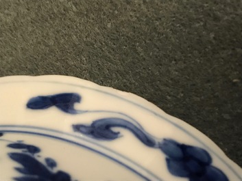 Six Chinese blue and white bowls on stands, Kangxi