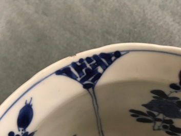 Six Chinese blue and white bowls on stands, Kangxi