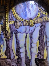 Een grote Italiaanse majolica 'Alexander de Grote' wapenschotel, atelier Francesco Grue, Castelli, 17e eeuw