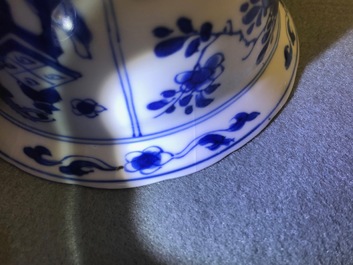 Six Chinese blue and white bowls on stands, Kangxi