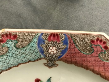 A large octagonal Chinese famille rose charger with a goose, Yongzheng/Qianlong