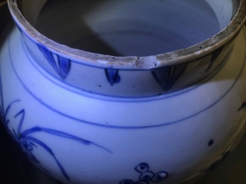 A Chinese blue and white jar with fruits and insects, Transitional period