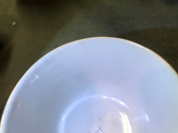 Five sets of Chinese famille rose cups and saucers and a pair of cups with horses, 19/20th C.
