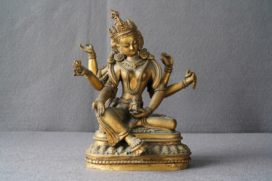 Une figure de Vasudhara en bronze dor&eacute; incrust&eacute;, Tibet ou N&eacute;pal, 18/19&egrave;me