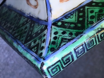 A square Chinese famille verte 'warriors' vase and a wucai 'mythical beasts' vase, 19th C.