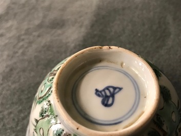 Nine Chinese famille verte cups and saucers, Kangxi