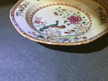 Two fine Chinese famille rose plates and a teapot and cover, Yongzheng/Qianlong