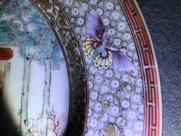 Two fine Chinese famille rose plates and a teapot and cover, Yongzheng/Qianlong