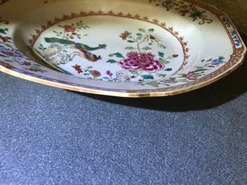 Two fine Chinese famille rose plates and a teapot and cover, Yongzheng/Qianlong