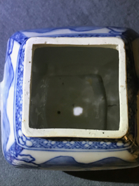 A Chinese blue and white square teapot with nymphs and fish, Kangxi/Qianlong