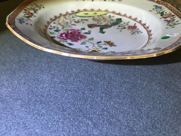 Two fine Chinese famille rose plates and a teapot and cover, Yongzheng/Qianlong