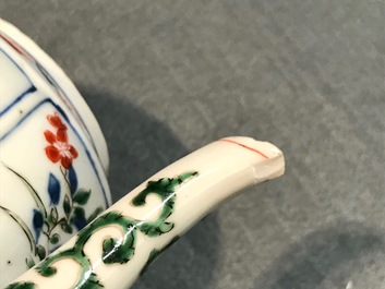 A large Chinese famille verte melon-shaped teapot and cover, Kangxi