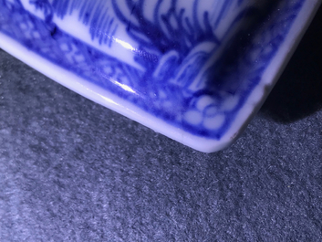 A Chinese blue and white square teapot with nymphs and fish, Kangxi/Qianlong