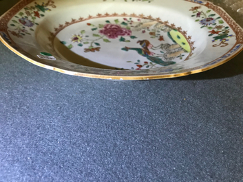 Two fine Chinese famille rose plates and a teapot and cover, Yongzheng/Qianlong