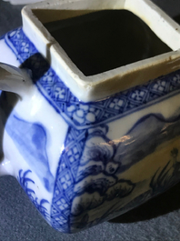 A Chinese blue and white square teapot with nymphs and fish, Kangxi/Qianlong