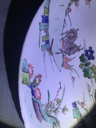 A Chinese famille verte dish with a cat, two birds and a deer, Kangxi