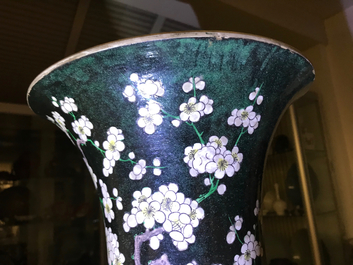 Two tall Chinese famille noire yenyen vases, Chenghua and Kangxi mark, 19/20th C.