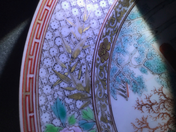 Two fine Chinese famille rose plates and a teapot and cover, Yongzheng/Qianlong