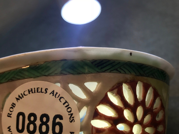 A pair of reticulated double-walled Chinese famille verte cups, Kangxi