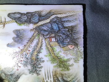Four square Chinese qianjiang cai landscape plaques, 20th C.