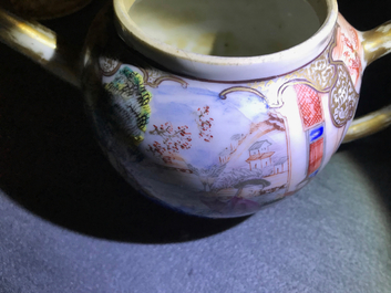 A Chinese grisaille vase, a famille rose 'mandarin' teapot and a reticulated cup on saucer, Yongzheng/Qianlong