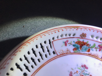A Chinese grisaille vase, a famille rose 'mandarin' teapot and a reticulated cup on saucer, Yongzheng/Qianlong