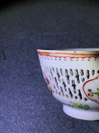 A Chinese grisaille vase, a famille rose 'mandarin' teapot and a reticulated cup on saucer, Yongzheng/Qianlong