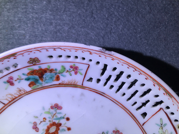 A Chinese grisaille vase, a famille rose 'mandarin' teapot and a reticulated cup on saucer, Yongzheng/Qianlong