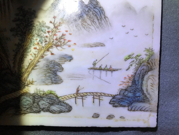 Four square Chinese qianjiang cai landscape plaques, 20th C.