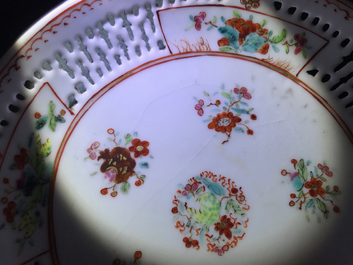 A Chinese grisaille vase, a famille rose 'mandarin' teapot and a reticulated cup on saucer, Yongzheng/Qianlong