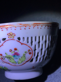 A Chinese grisaille vase, a famille rose 'mandarin' teapot and a reticulated cup on saucer, Yongzheng/Qianlong