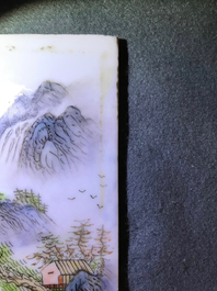 Four square Chinese qianjiang cai landscape plaques, 20th C.