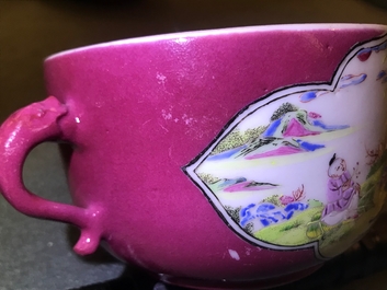 A Chinese famille rose ruby-ground two-handled bowl and cover, Yongzheng